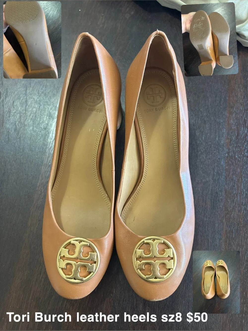 Tory Burch Cognac Leather Logo Heels